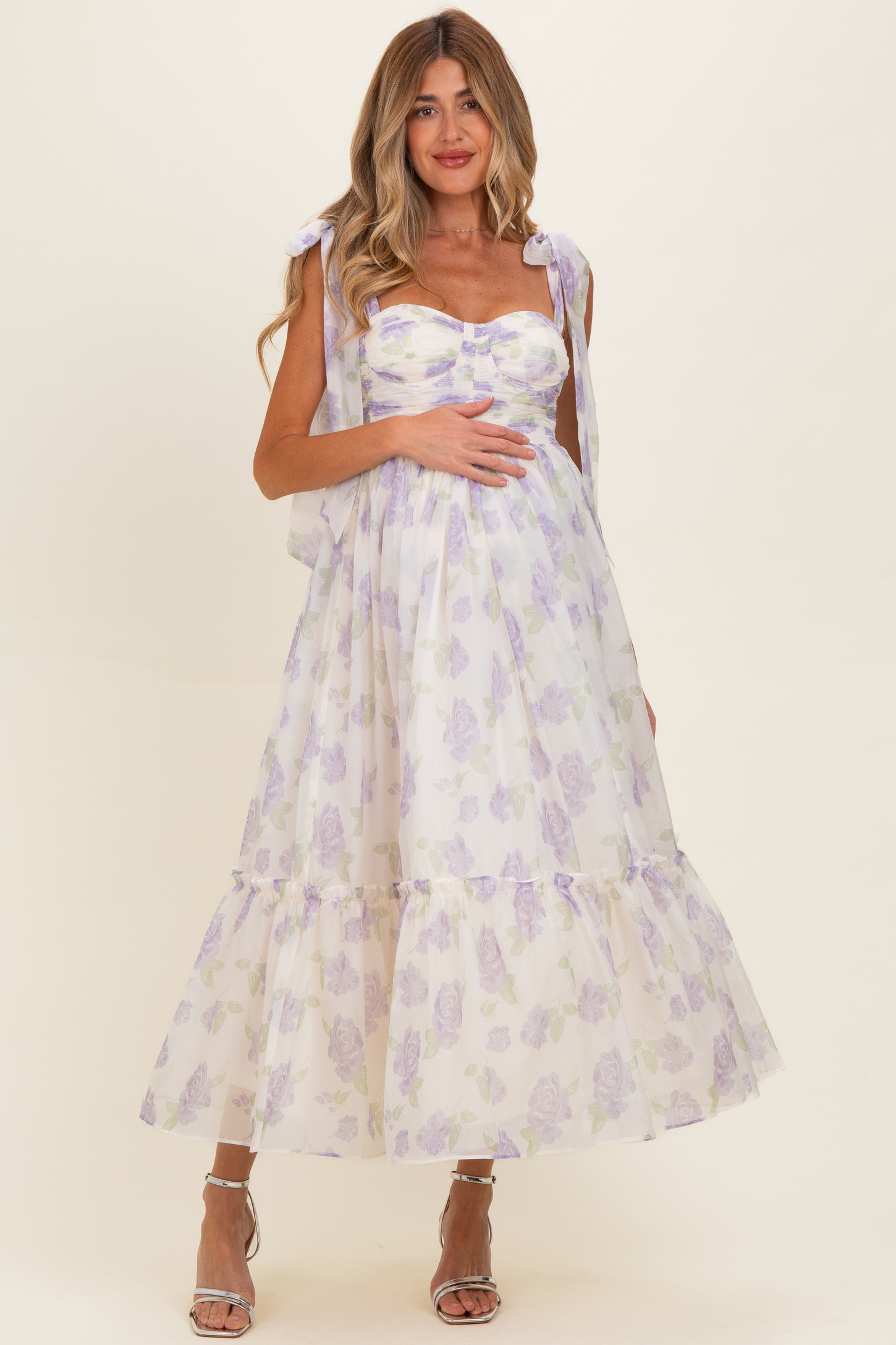 Lavender Floral Chiffon Shoulder Tie Maternity Midi Dress