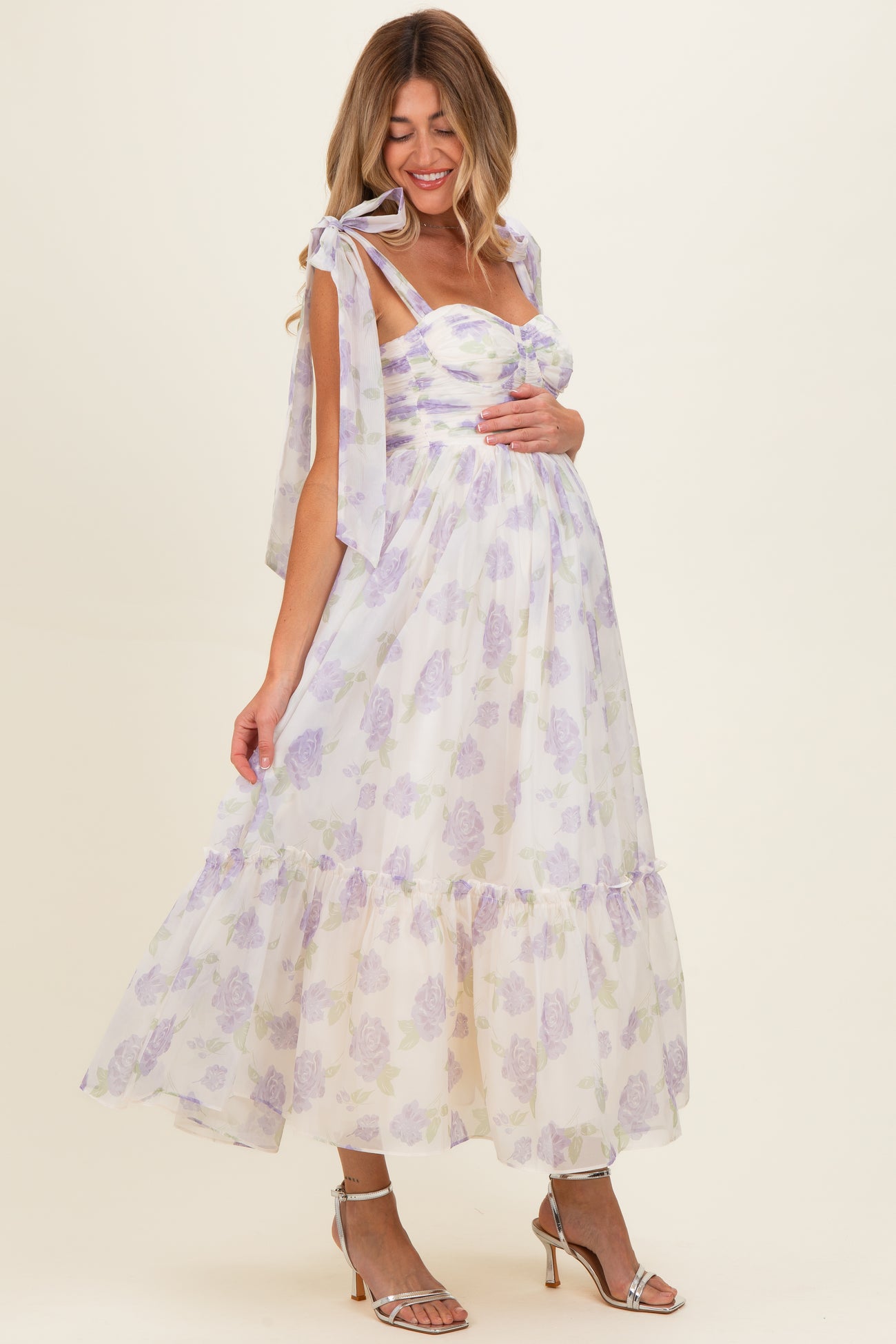 Lavender Floral Chiffon Shoulder Tie Maternity Midi Dress