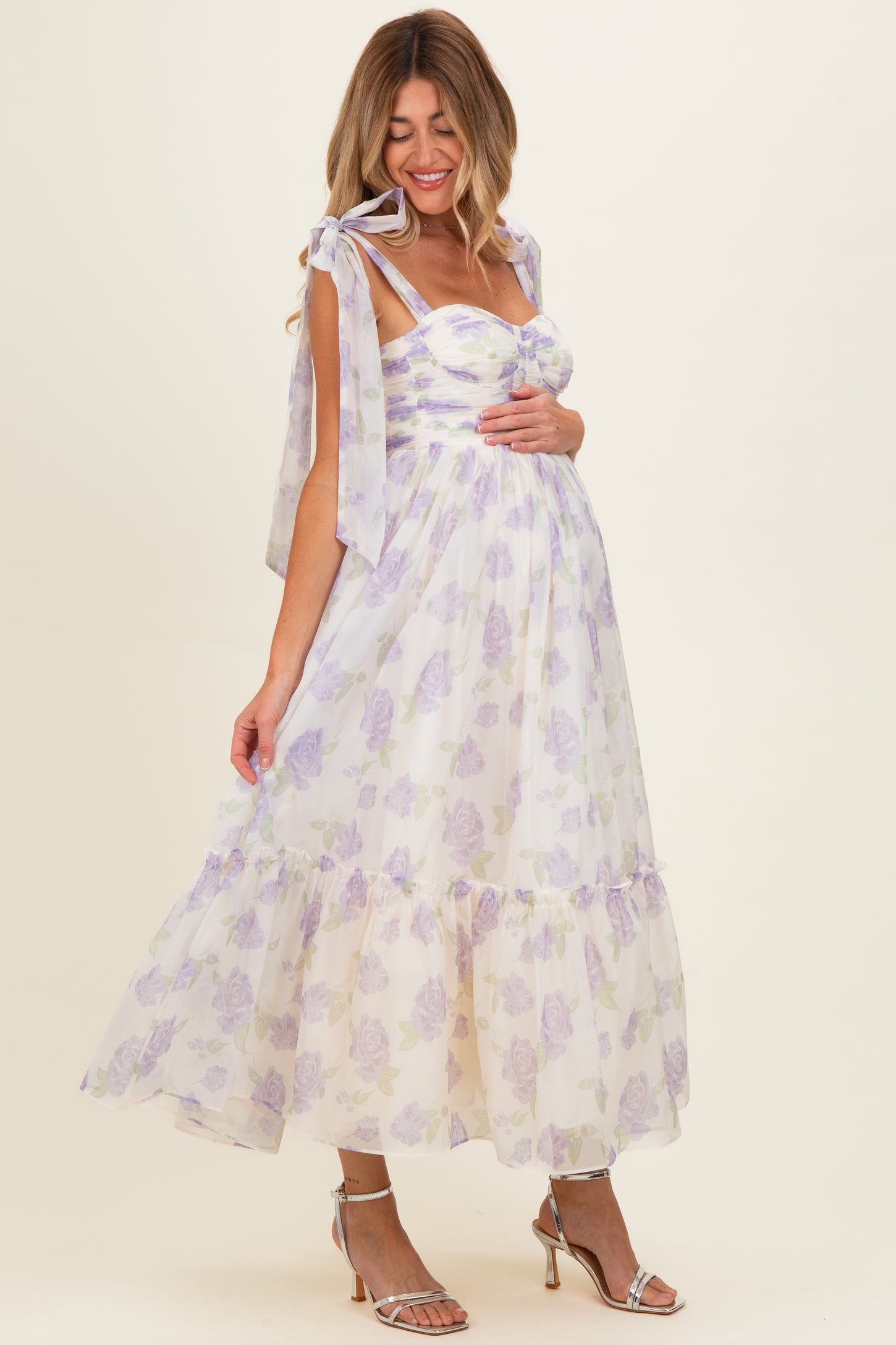 Lavender Floral Chiffon Shoulder Tie Maternity Midi Dress