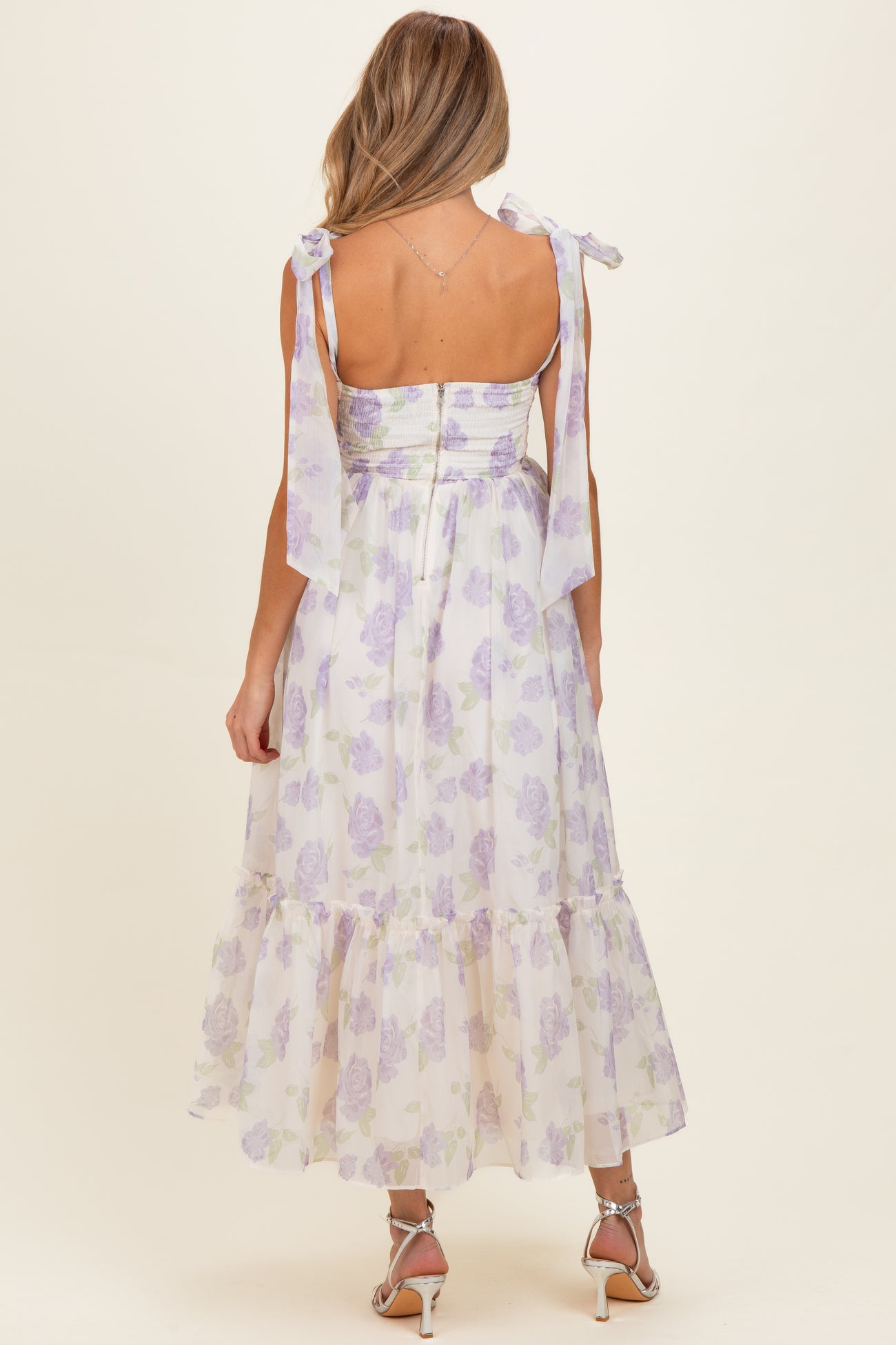 Lavender Floral Chiffon Shoulder Tie Maternity Midi Dress