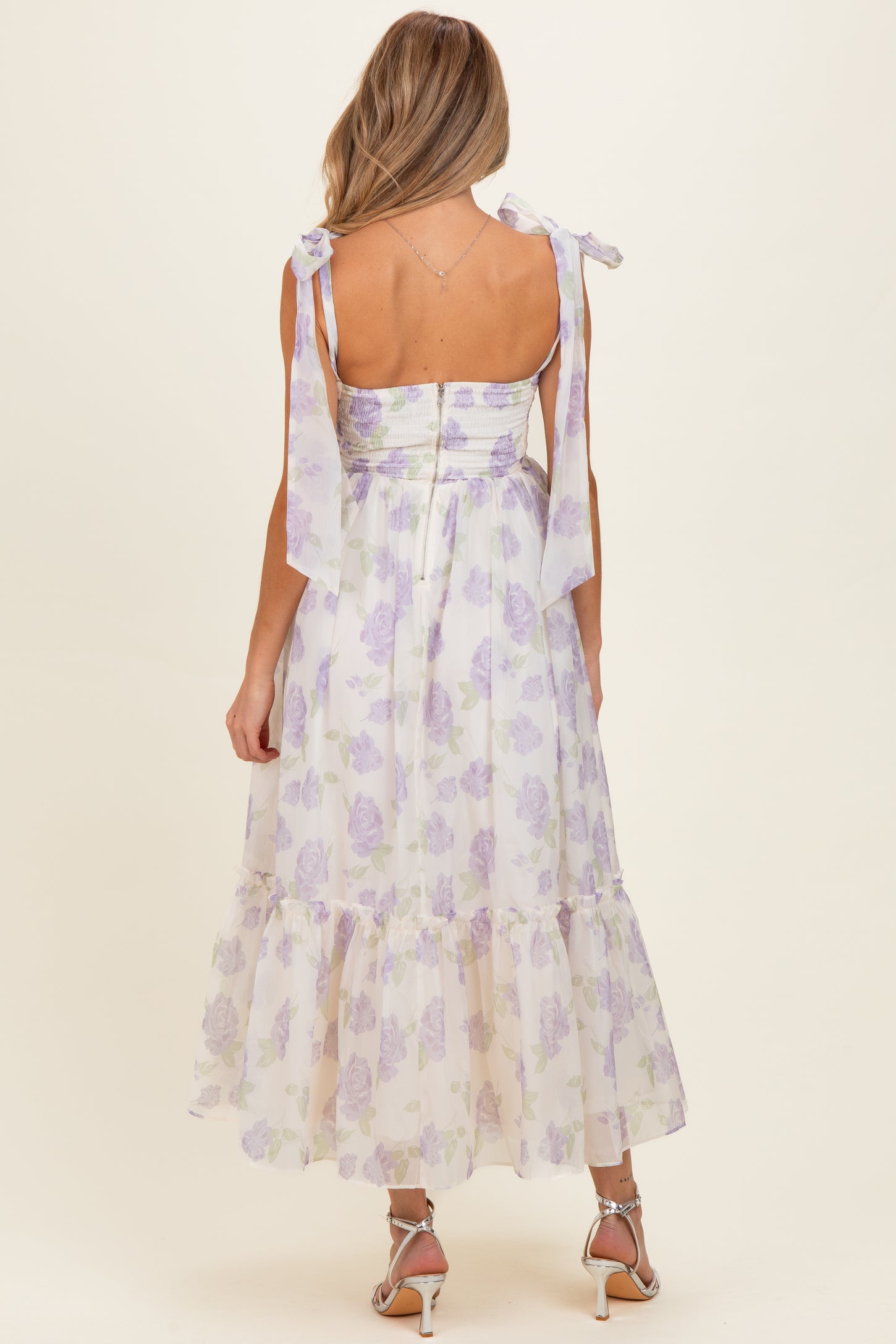 Lavender Floral Chiffon Shoulder Tie Maternity Midi Dress