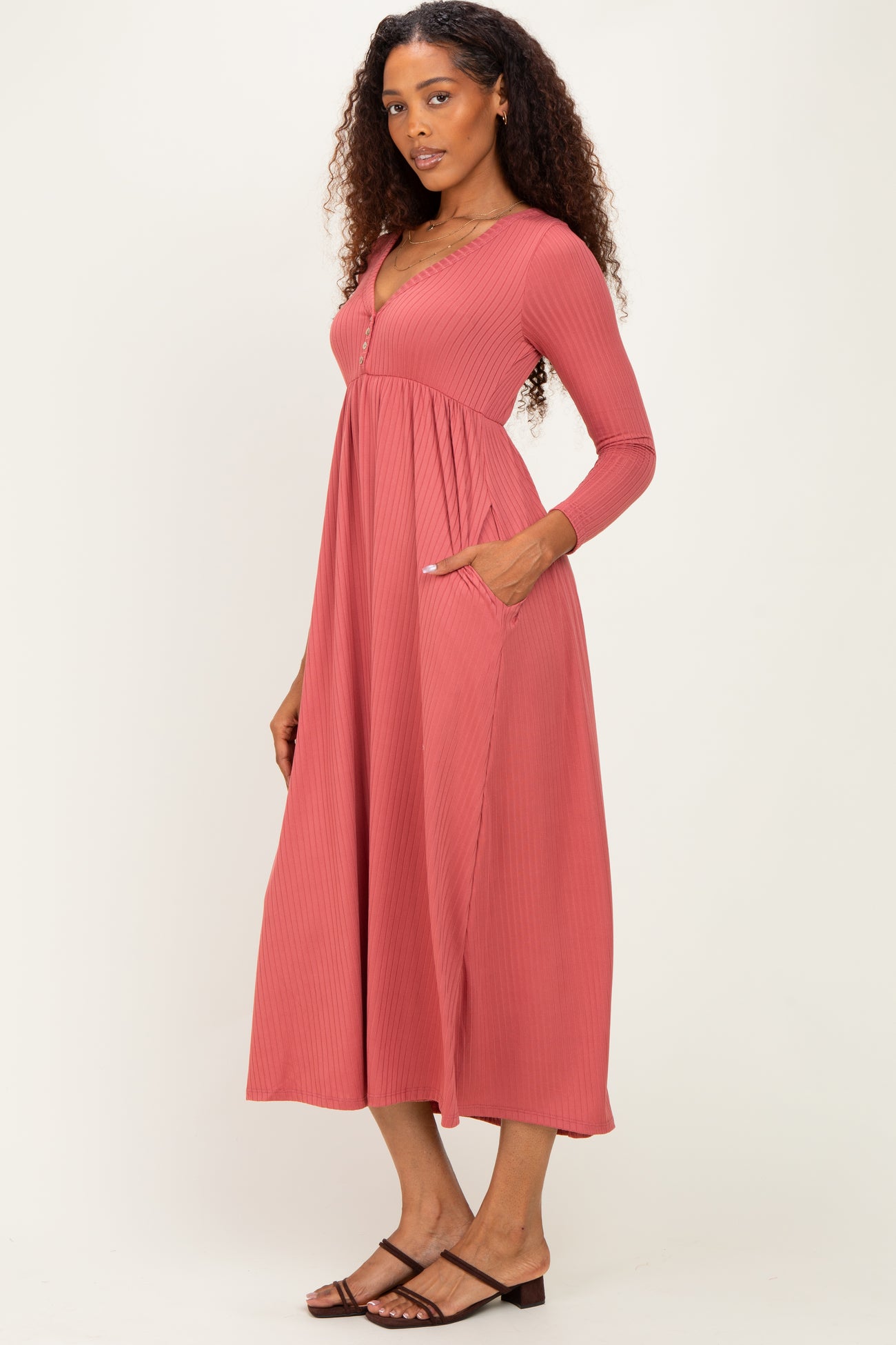Mauve Ribbed Knit Long Sleeve Maternity Maxi Dress
