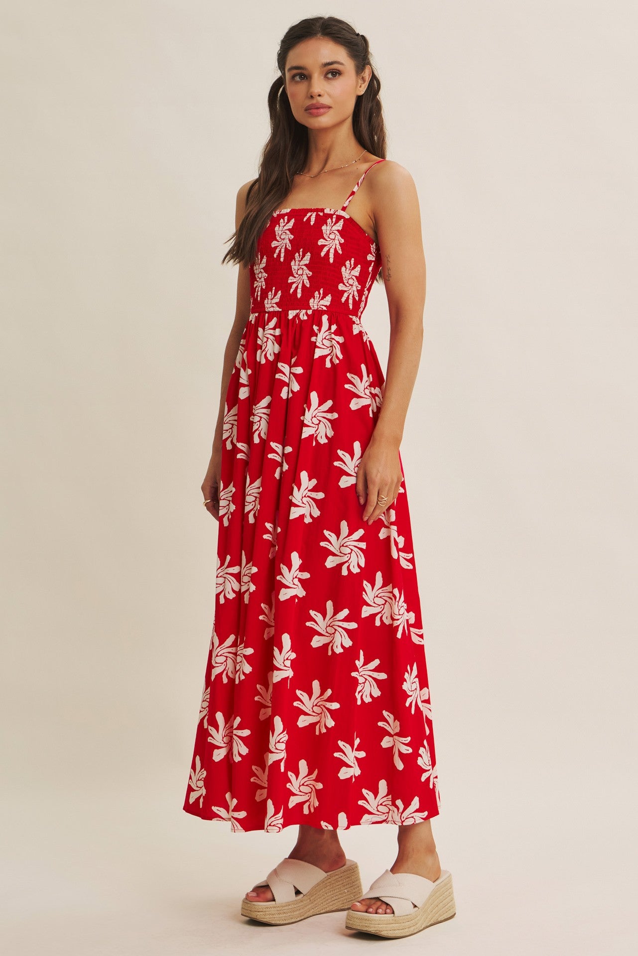 Red Printed Square Neck Smocked Maxi Dress