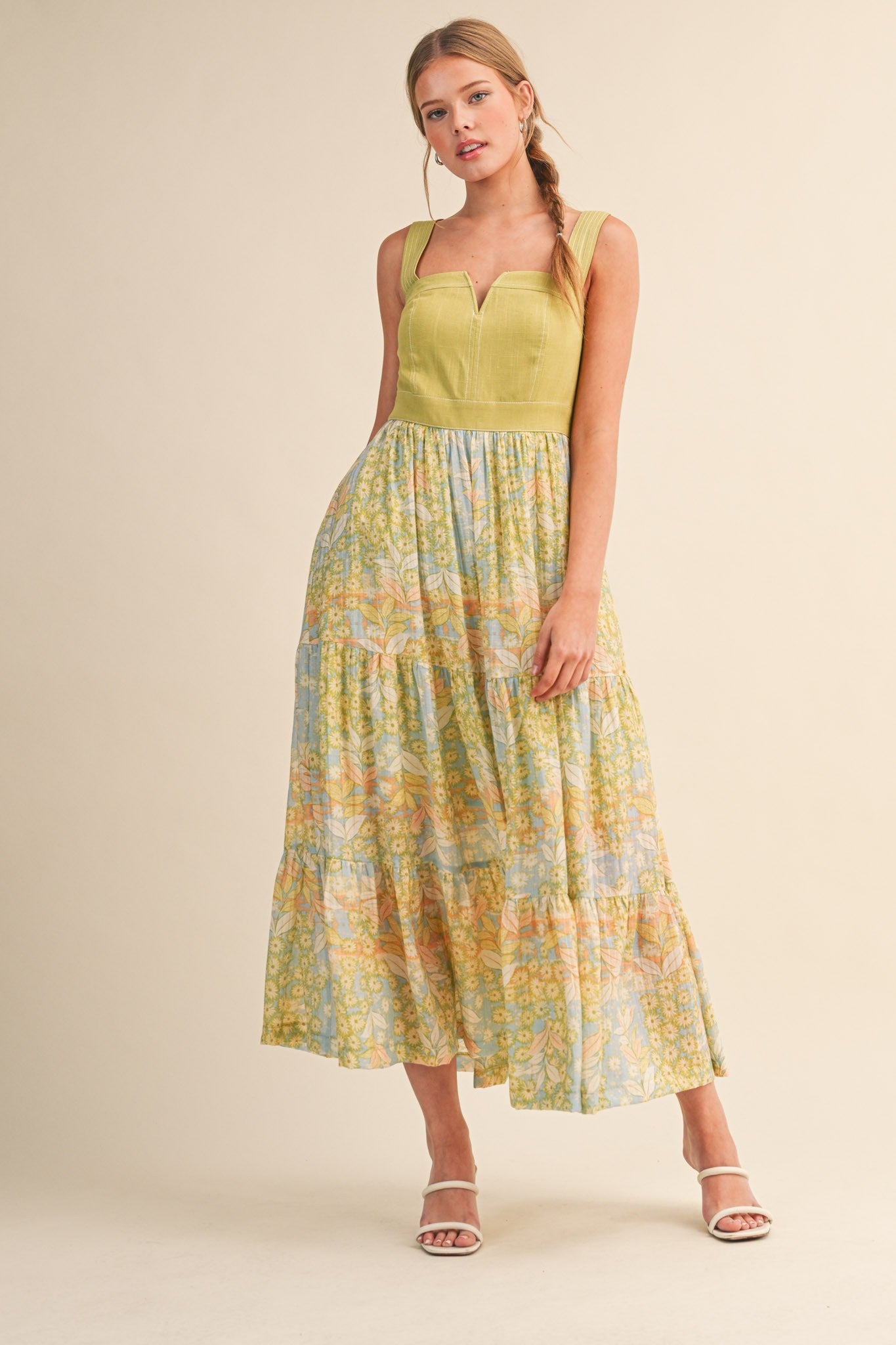 Lime Colorblock Floral Tiered Maternity Midi Dress