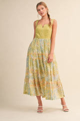 Lime Colorblock Floral Tiered Maternity Midi Dress
