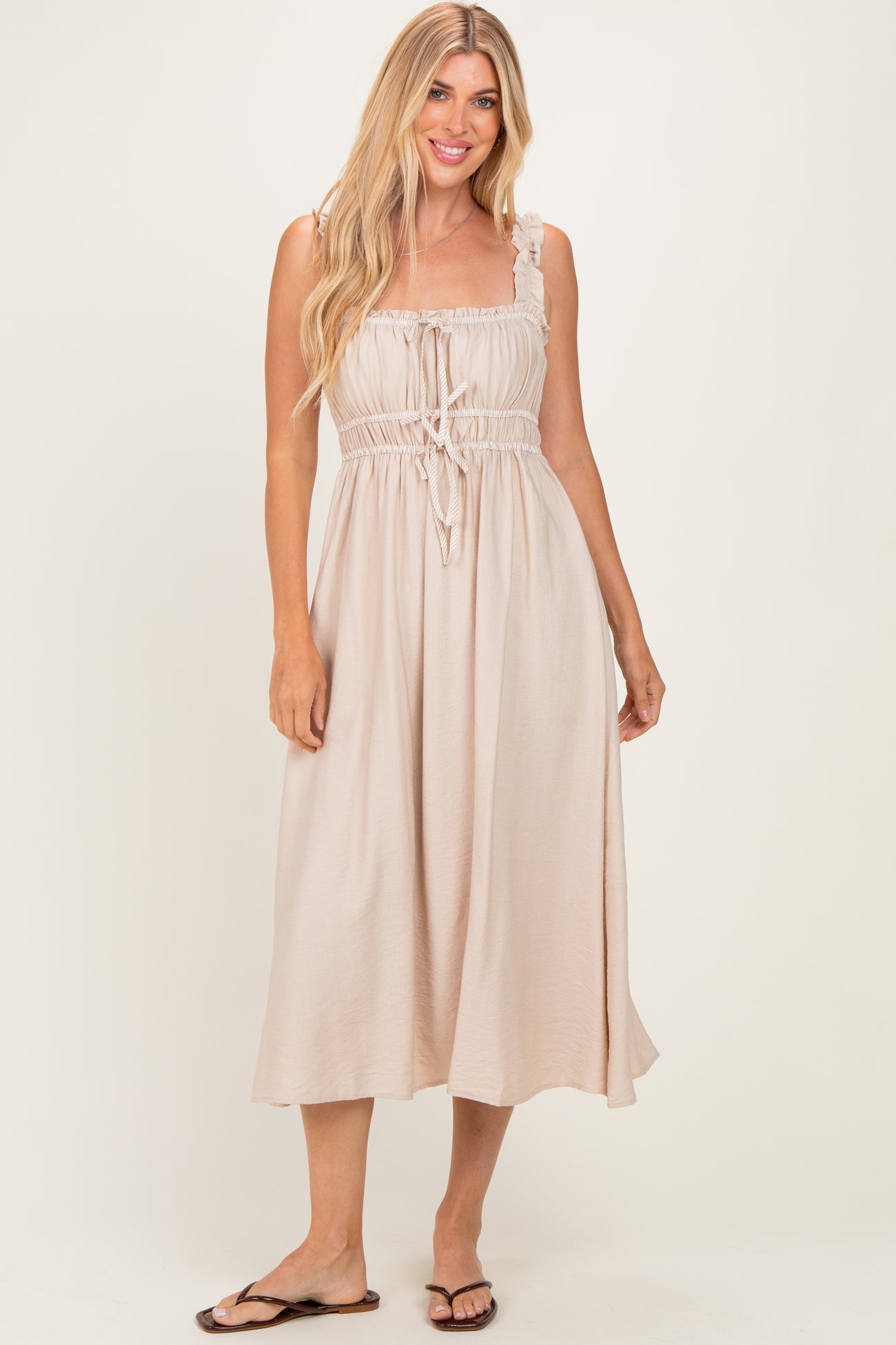 Khaki Front Tie Sleeveless Maternity Midi Dress