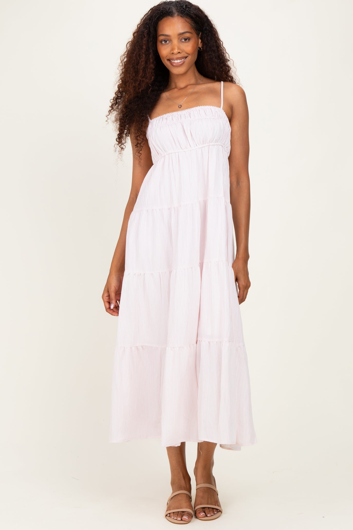Pink Striped Empire Waist Tiered Maternity Midi Dress