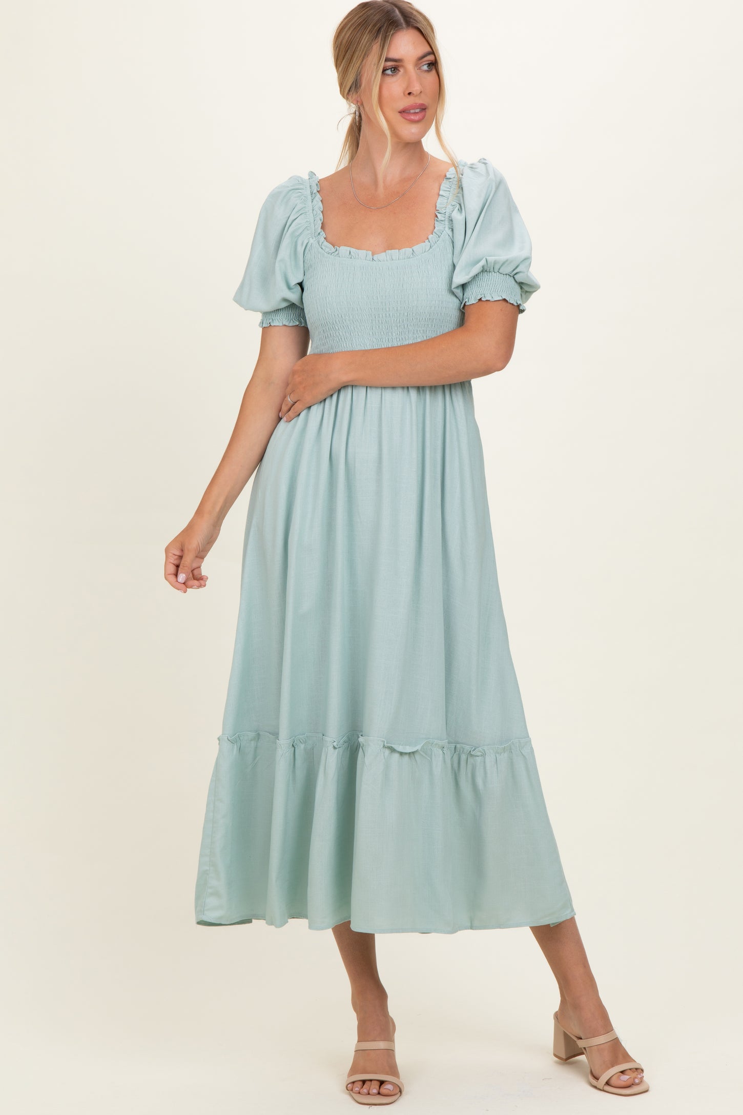 Sage Smocked Puff Sleeve Ruffle Trim Maternity Midi Dress