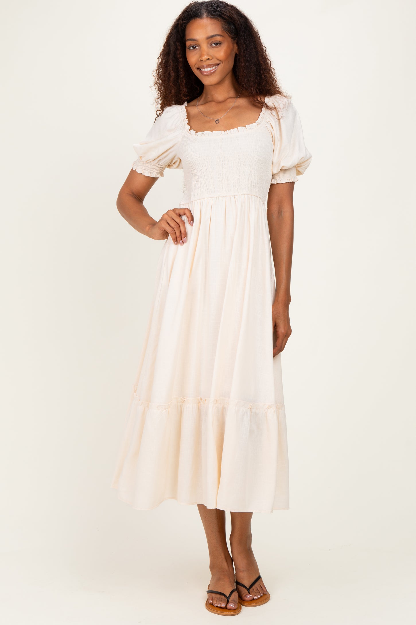 Cream Smocked Puff Sleeve Ruffle Trim Maternity Midi Dress