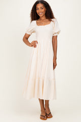 Cream Smocked Puff Sleeve Ruffle Trim Maternity Midi Dress