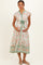 woman wearing a floral print maternity dress with a tie belt, showing her baby bump