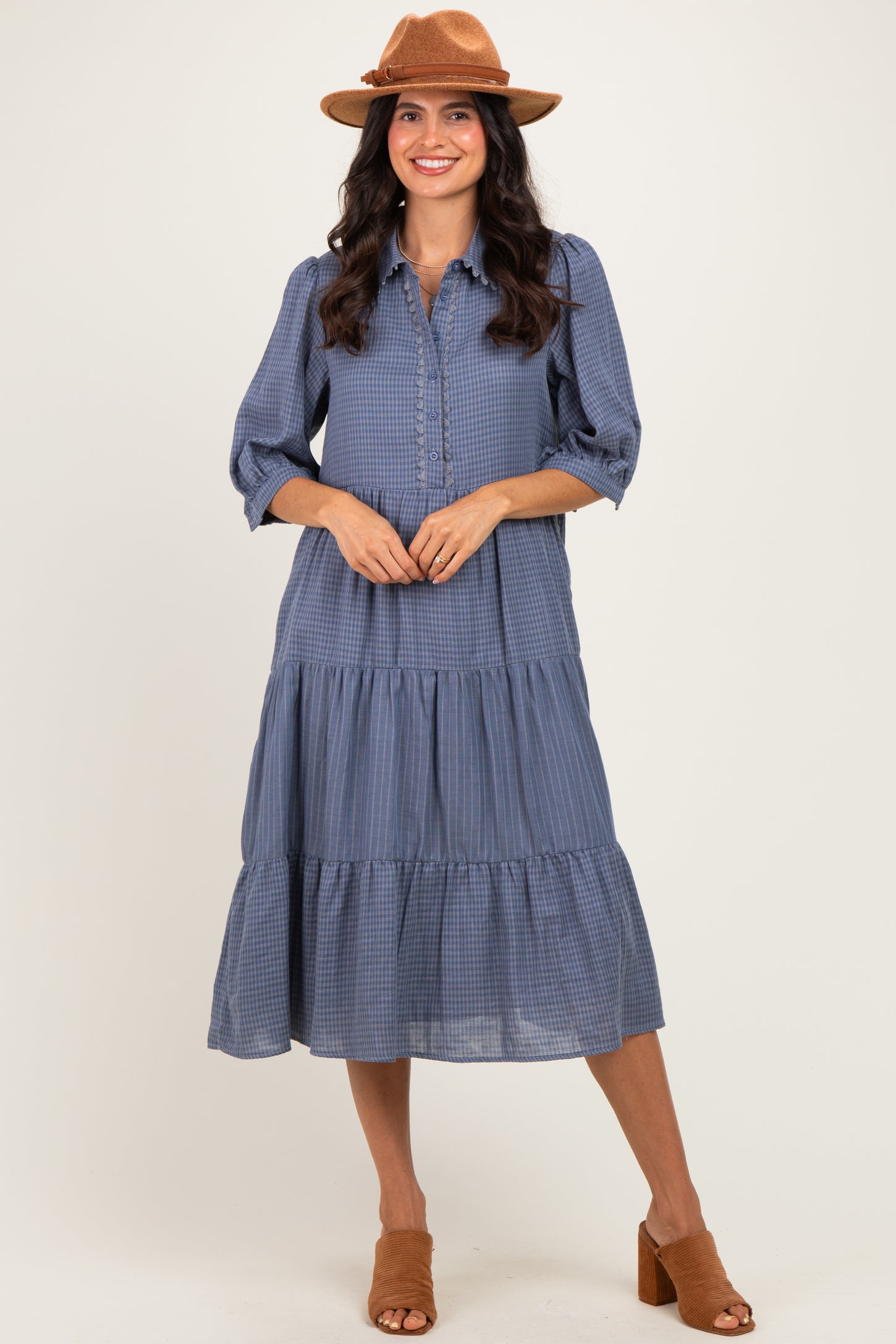 Blue Gingham Button Up Tiered Maternity Midi Dress