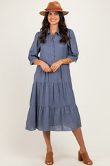 Blue Gingham Button Up Tiered Maternity Midi Dress