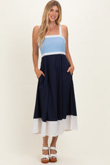 Light Blue Navy Colorblock Sleeveless Maternity Midi Dress