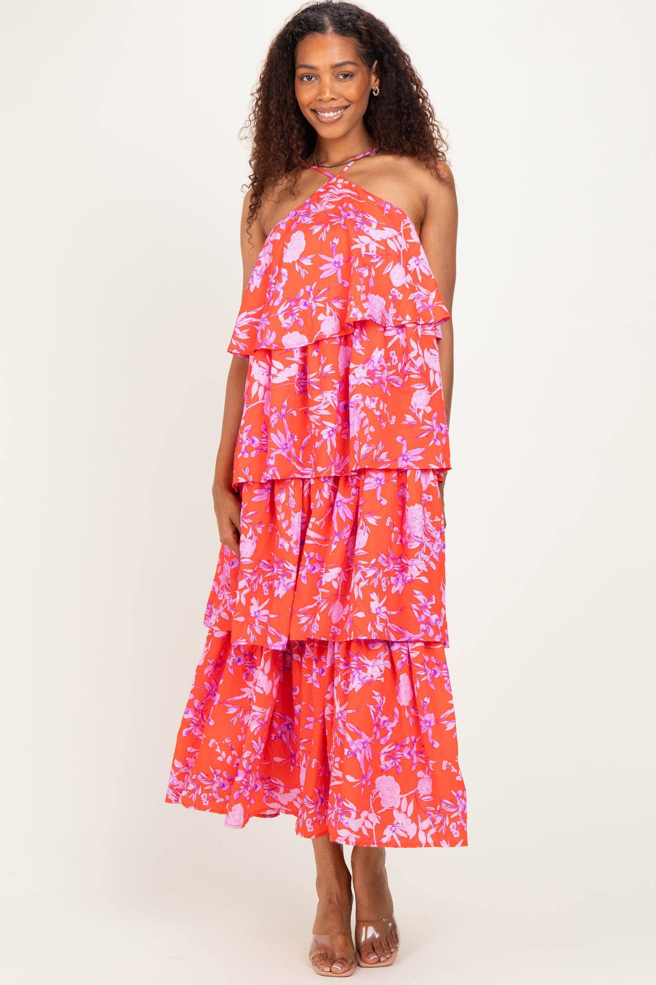 Red Floral Flowy Tiered Maternity Maxi Dress