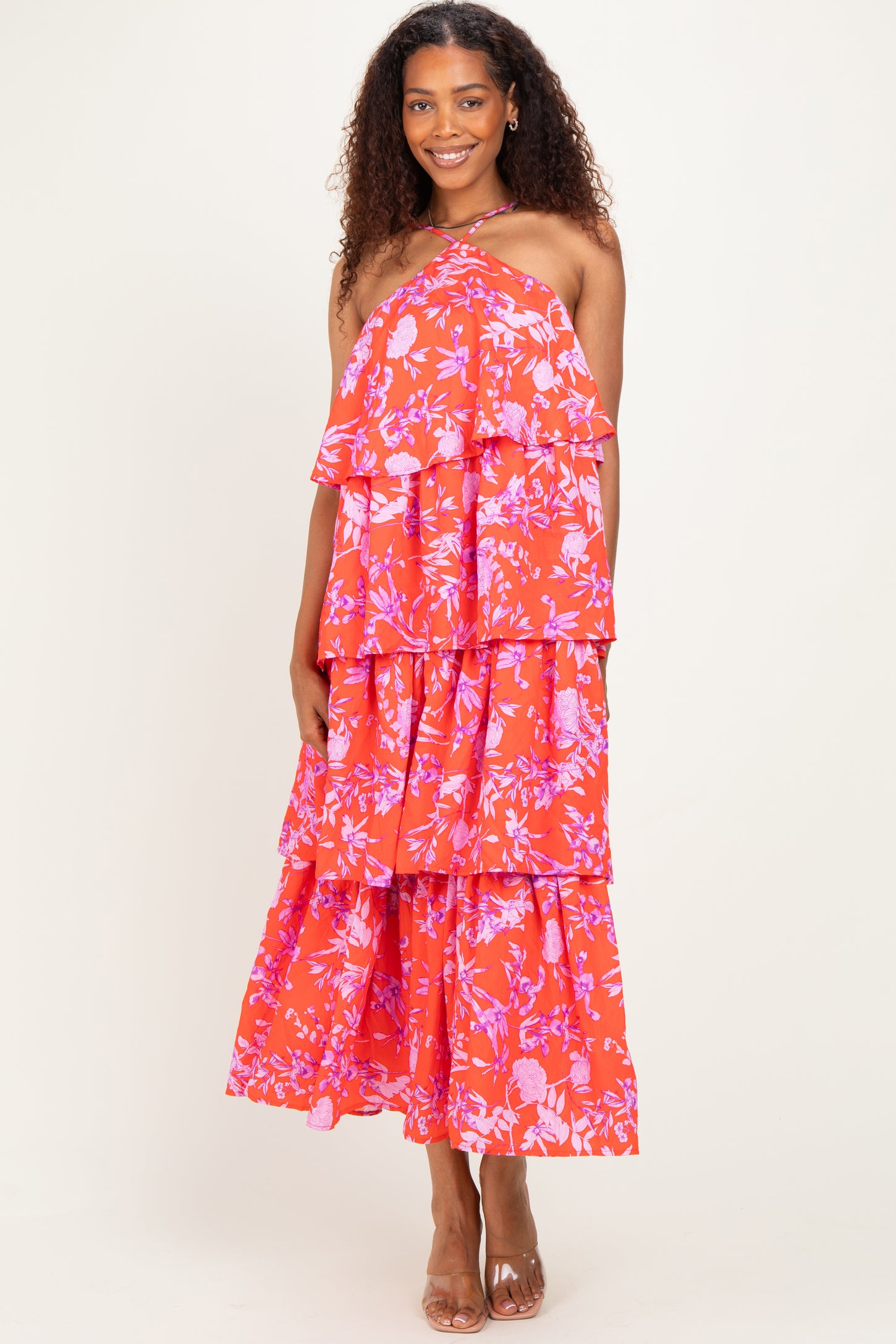 Red Floral Flowy Tiered Maternity Maxi Dress