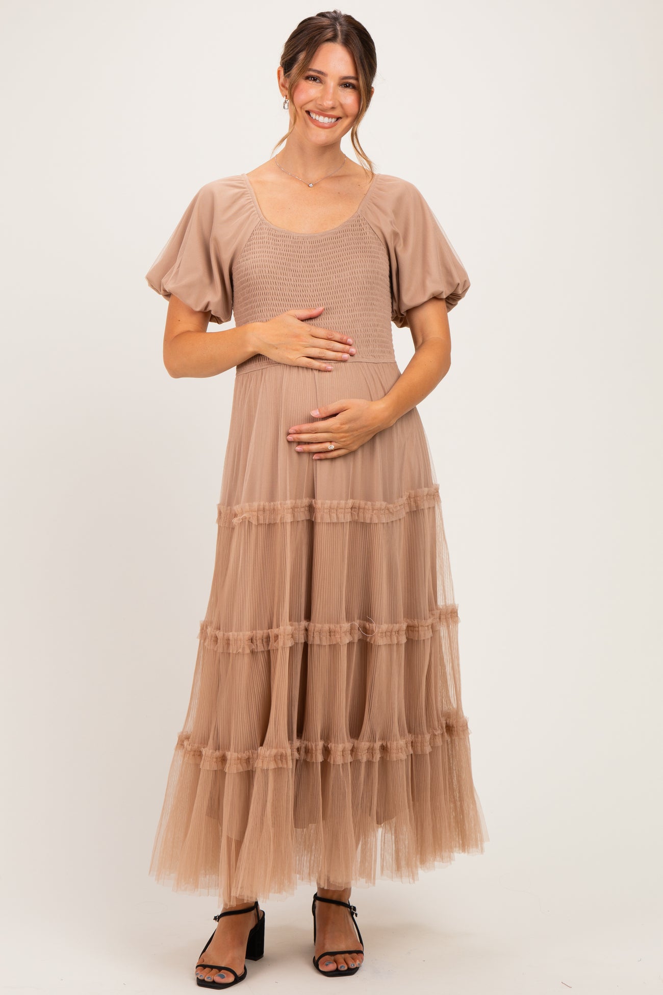 Brown Smocked Square Neck Tiered Maternity Midi Dress