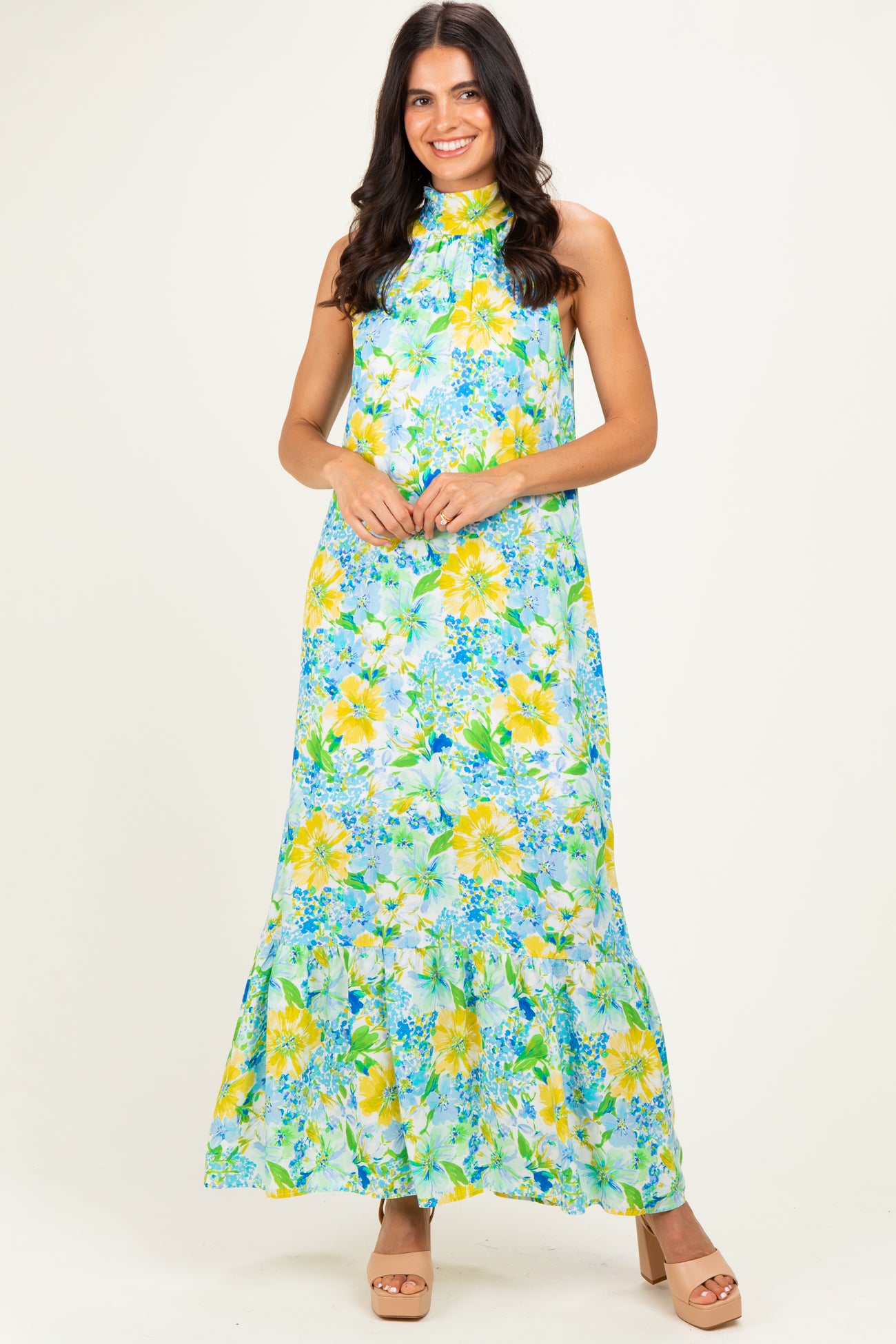 Blue Floral Halter Maternity Maxi Dress