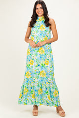 Blue Floral Halter Maternity Maxi Dress