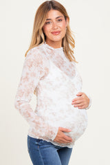 Taupe Floral Sheer Mesh High Neckline Maternity Top