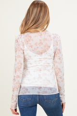 Taupe Floral Sheer Mesh High Neckline Maternity Top