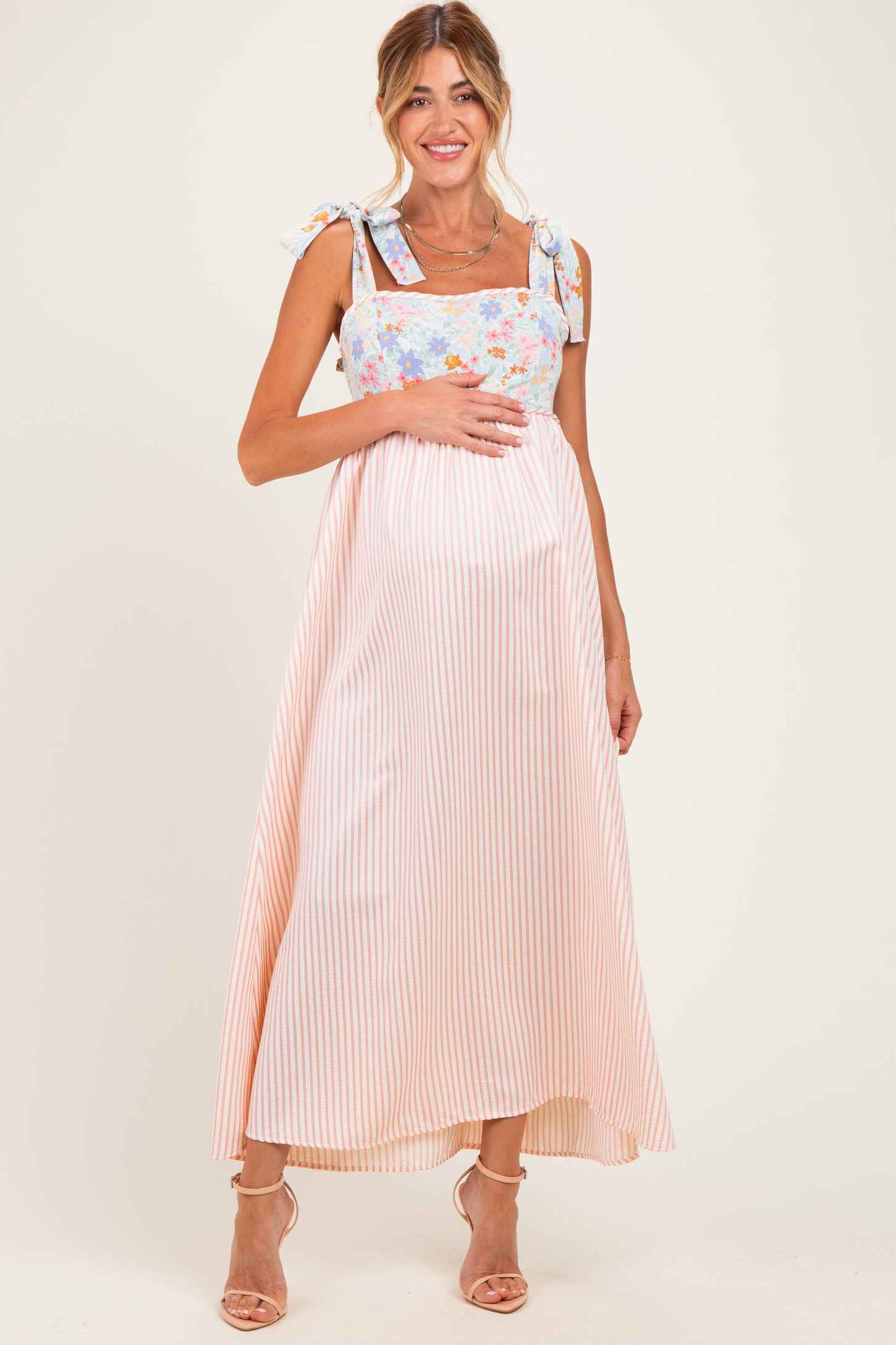 Pink Striped Sleeveless Smocked Floral Maternity Maxi Dress