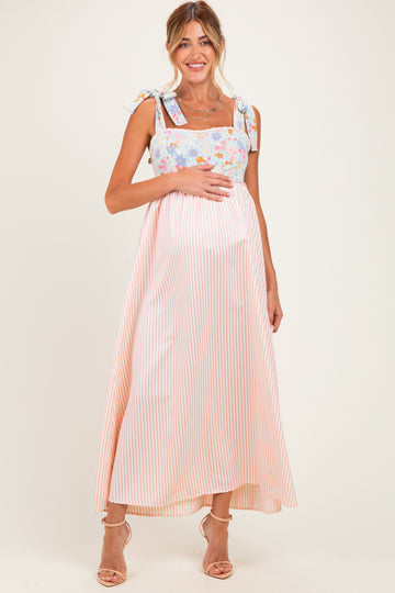 Pink Striped Sleeveless Smocked Floral Maternity Maxi Dress