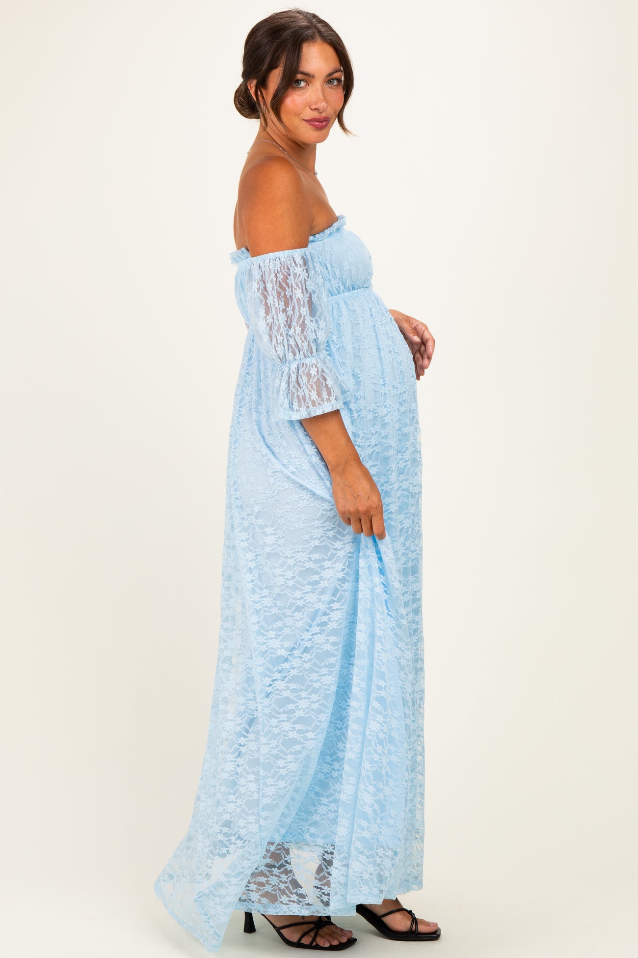 Light Blue Lace Off Shoulder Maternity Maxi Dress