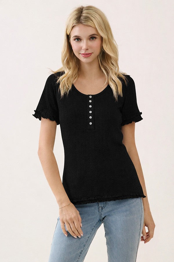 Black Ruffle Trim Pointelle Knit Maternity Henley Top
