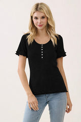 Black Ruffle Trim Pointelle Knit Maternity Henley Top