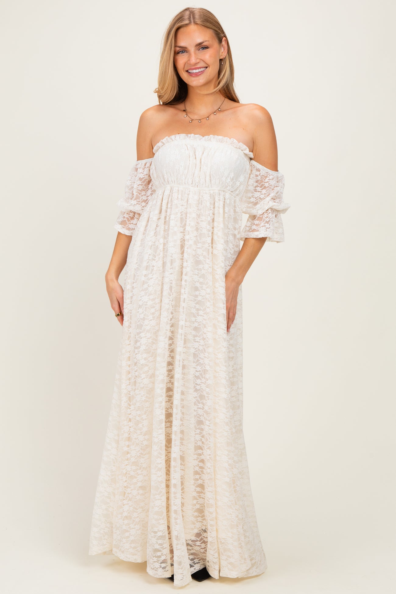 Ivory Lace Off Shoulder Maxi Dress