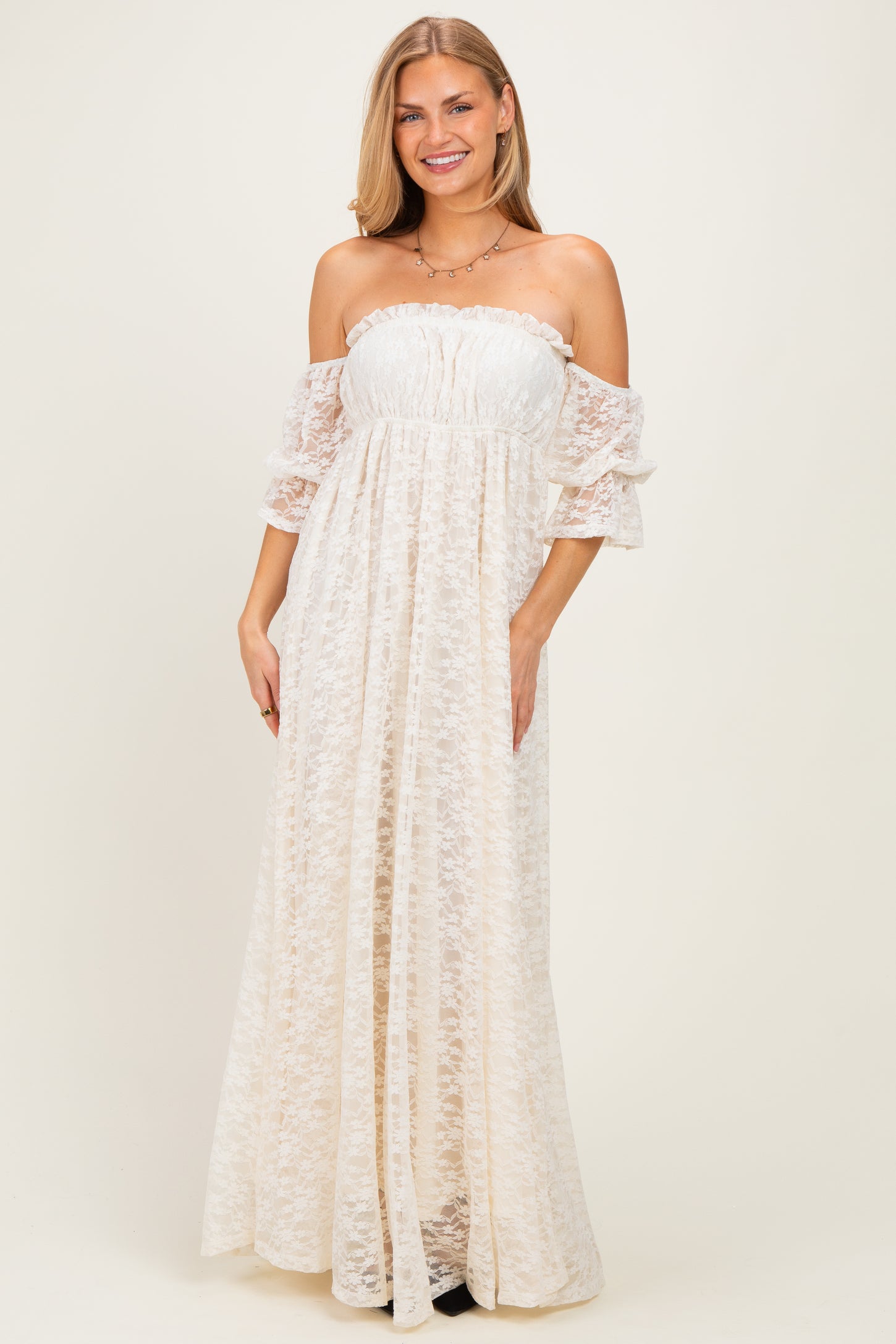 Ivory Lace Off Shoulder Maternity Maxi Dress