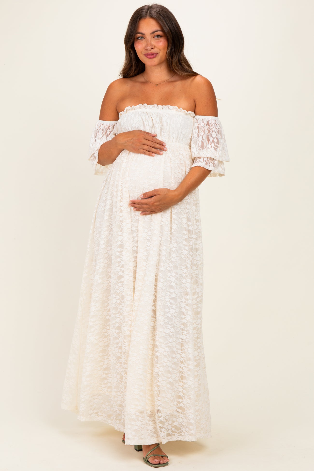 Ivory Lace Off Shoulder Maternity Maxi Dress