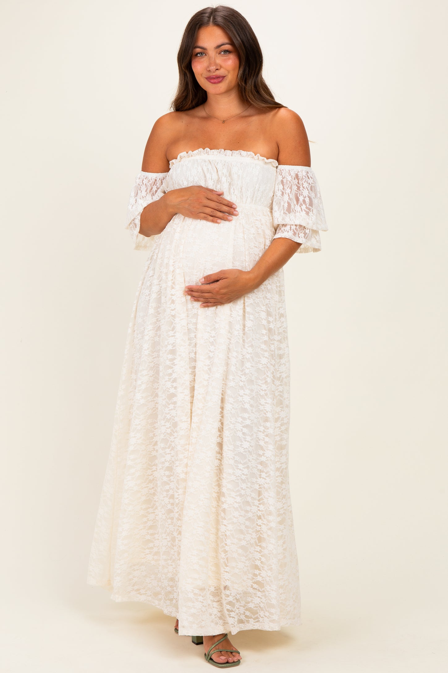 Ivory Lace Off Shoulder Maternity Maxi Dress