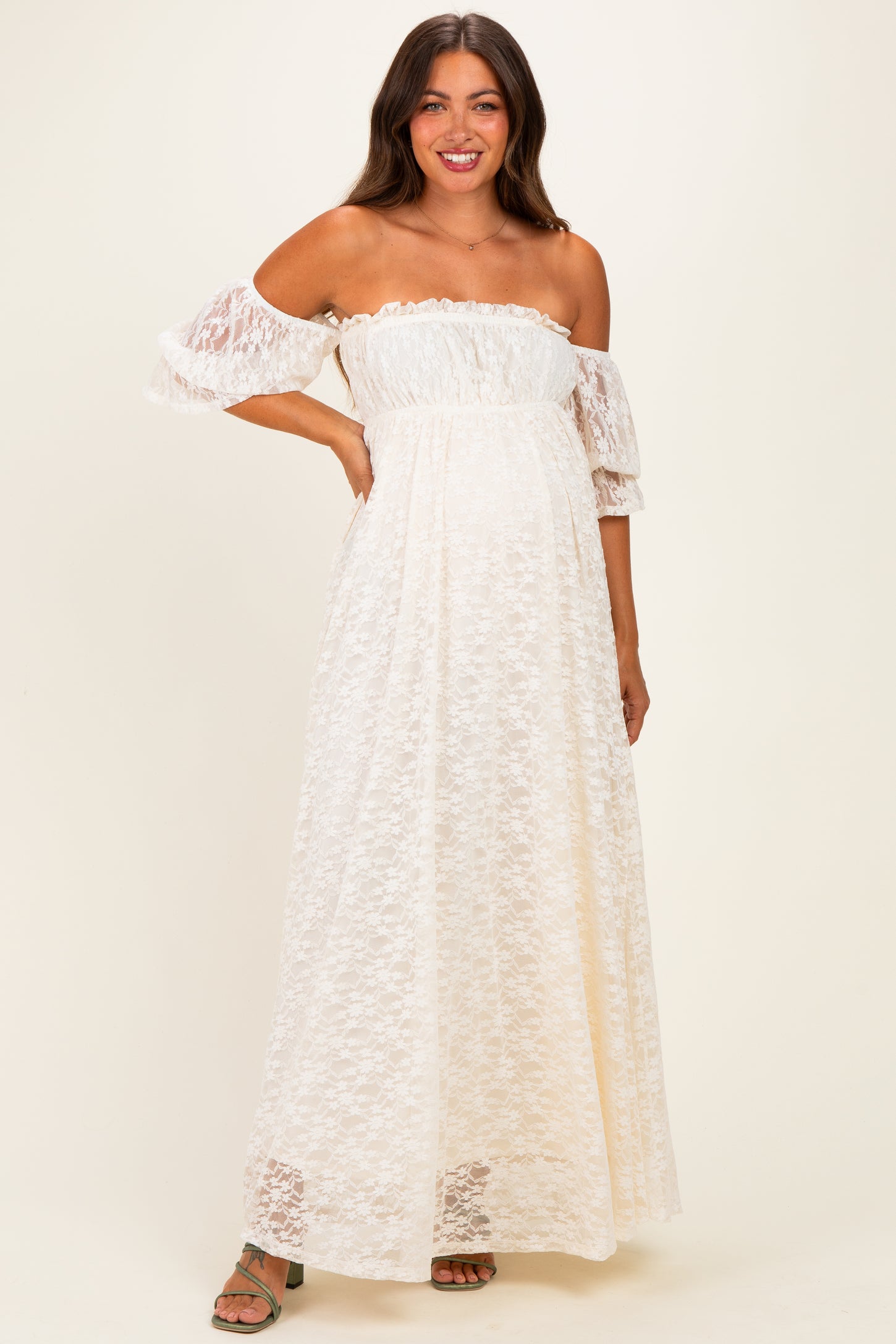 Ivory Lace Off Shoulder Maternity Maxi Dress