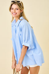 Blue Button Down Textured Stripe Oversized Shirt