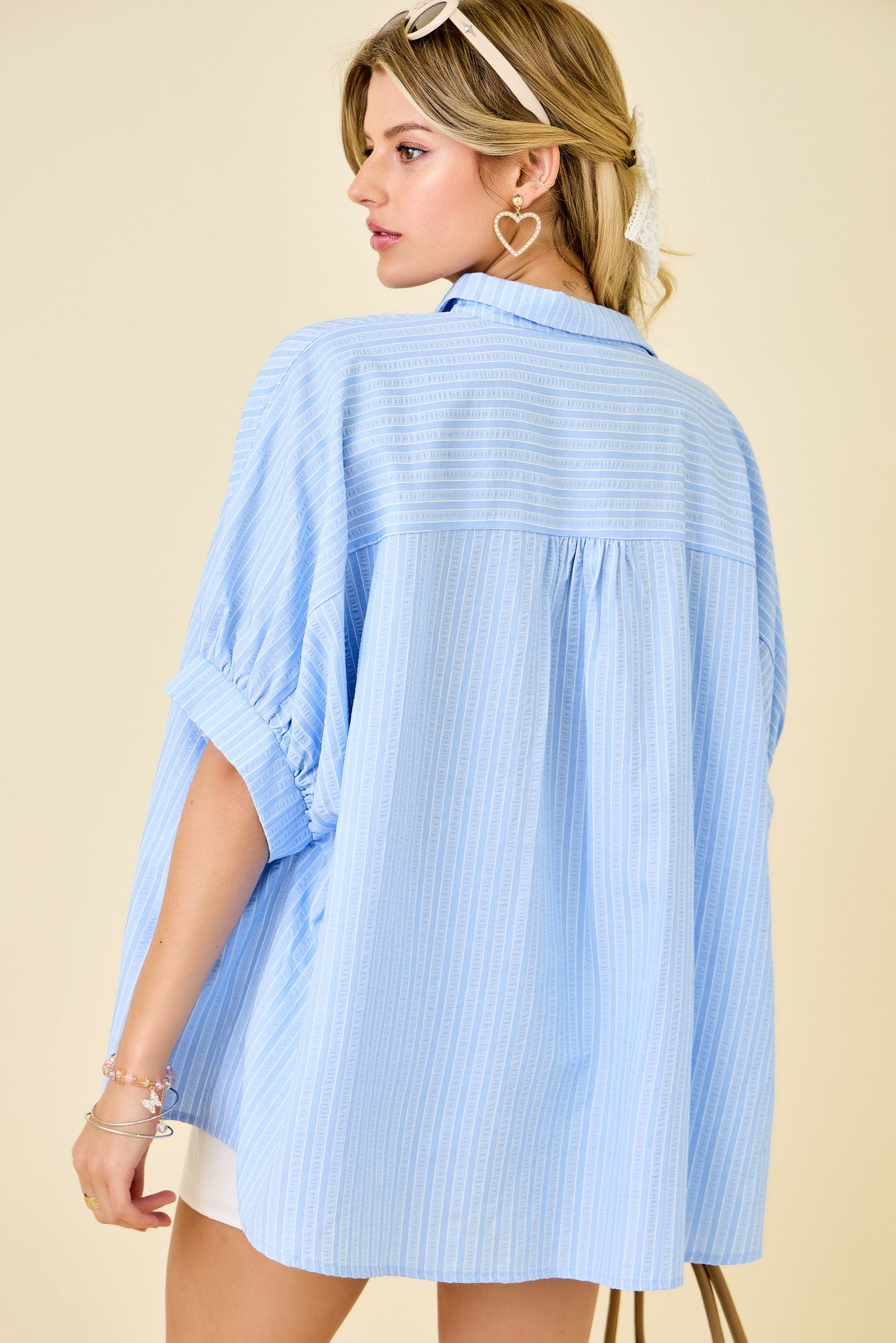 Blue Button Down Textured Stripe Oversized Shirt