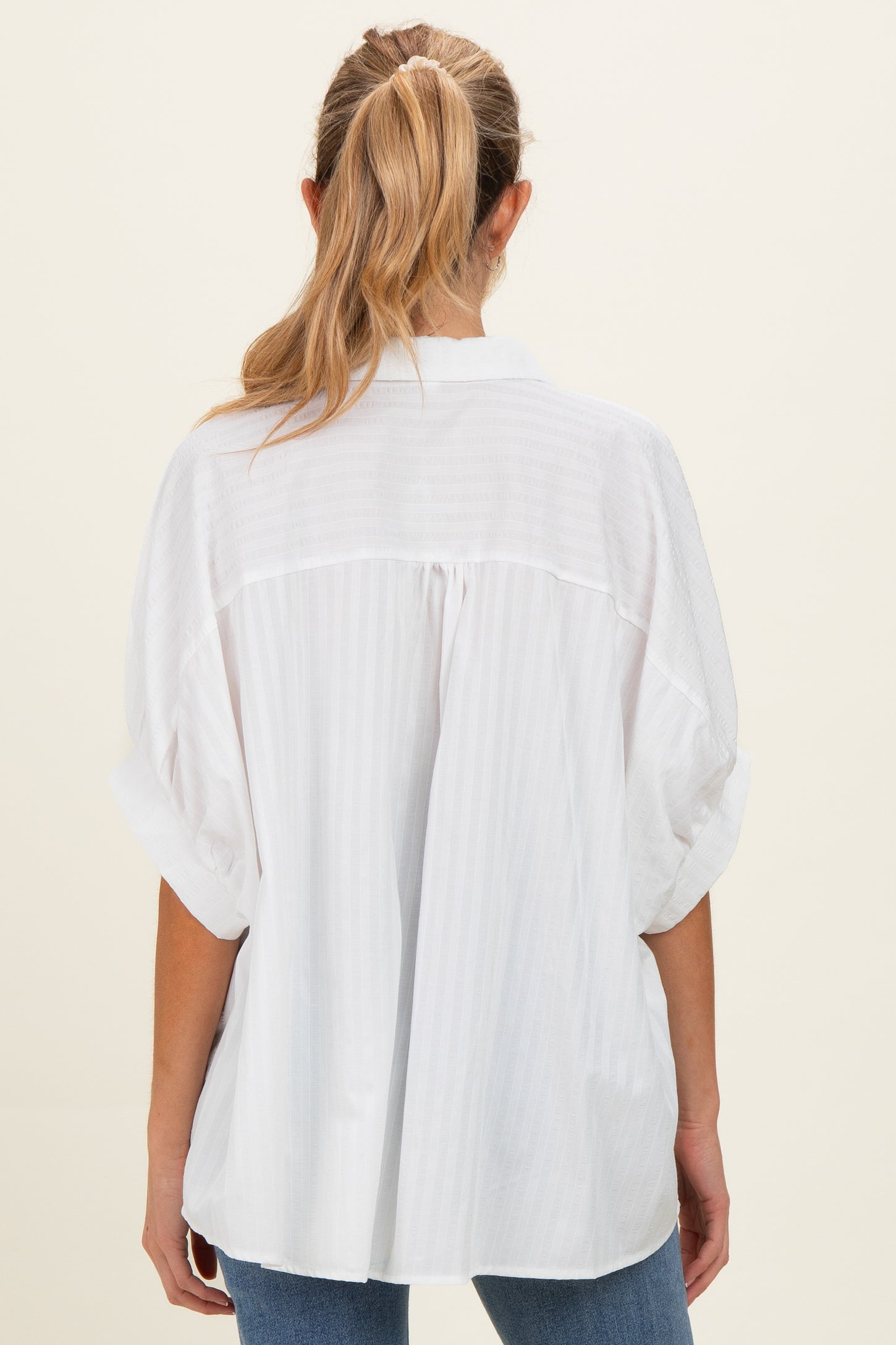 White Button Down Textured Stripe Oversized Maternity Shirt