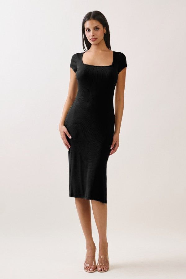Black Square Neck Side Slit Maternity Midi Dress