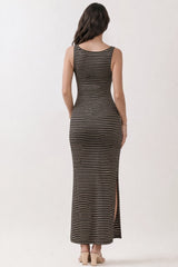 Black Beige Sleeveless Striped Maxi Dress