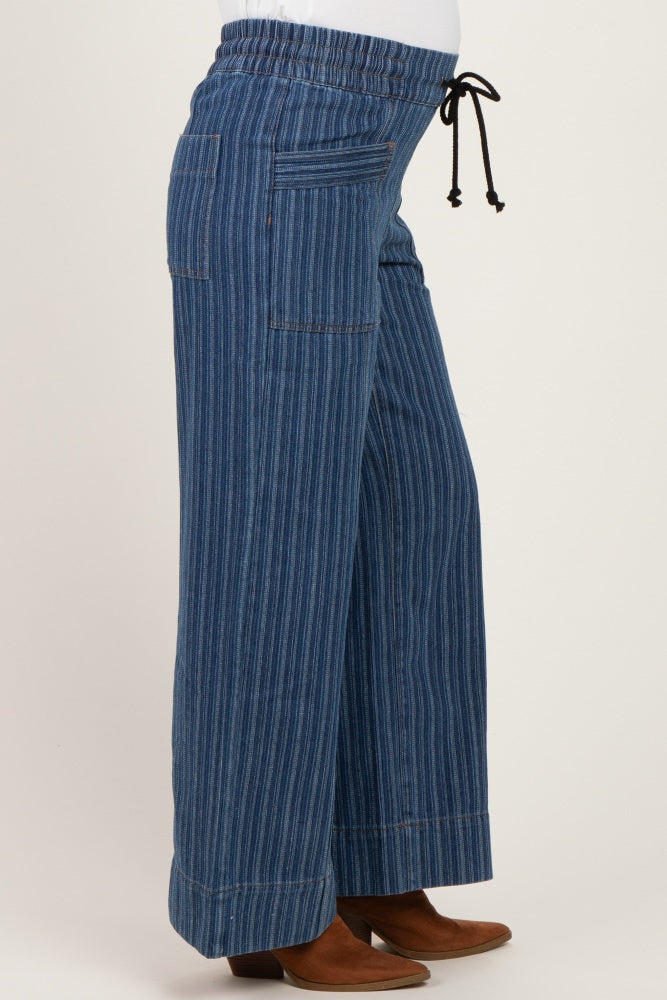 maternity wear wide-leg denim pants with blue stripes and a drawstring waistband, model showing baby bump