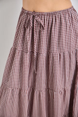 Brown Plaid Drawstring Tiered Midi Skirt