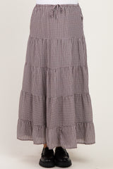 Brown Plaid Drawstring Tiered Maternity Midi Skirt