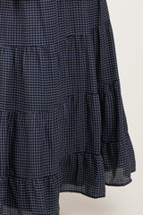 maternity wear navy blue gingham tiered dress with ruffle sleeves and hem