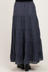 maternity wear navy blue gingham tiered maxi skirt with a ruffled hem, shown from the back