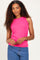 woman wearing a bright pink ribbed tank top with a scoop neckline and styled hair