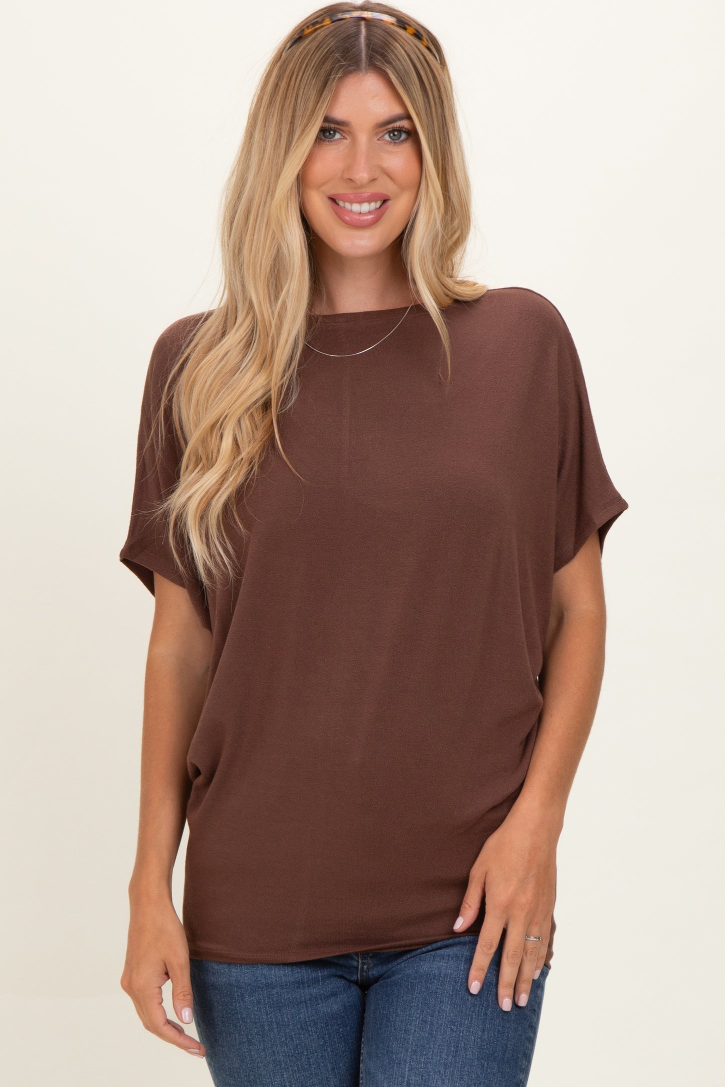 Brown Dolman Sleeve Boat Neck Top