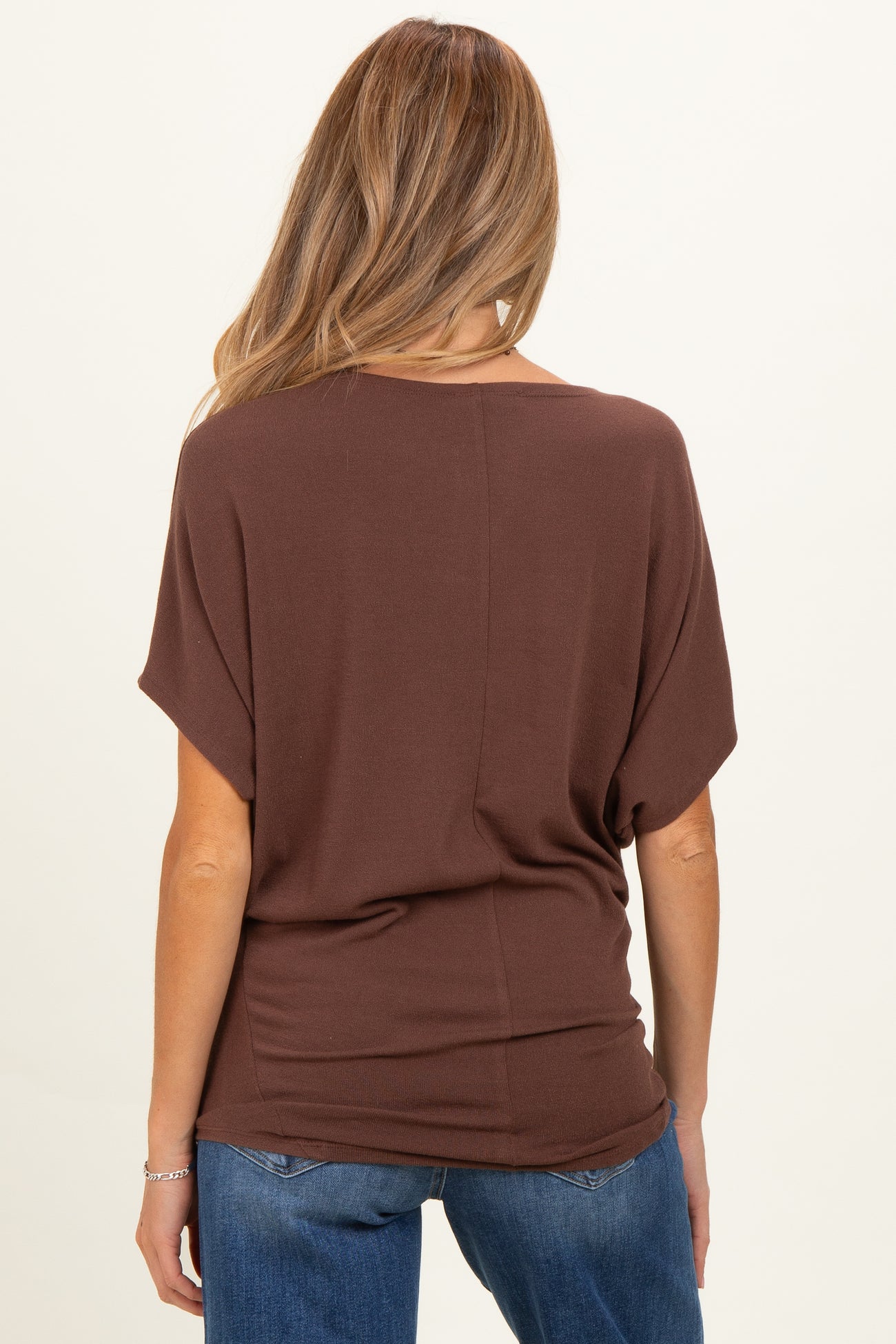 Brown Dolman Sleeve Boat Neck Maternity Top
