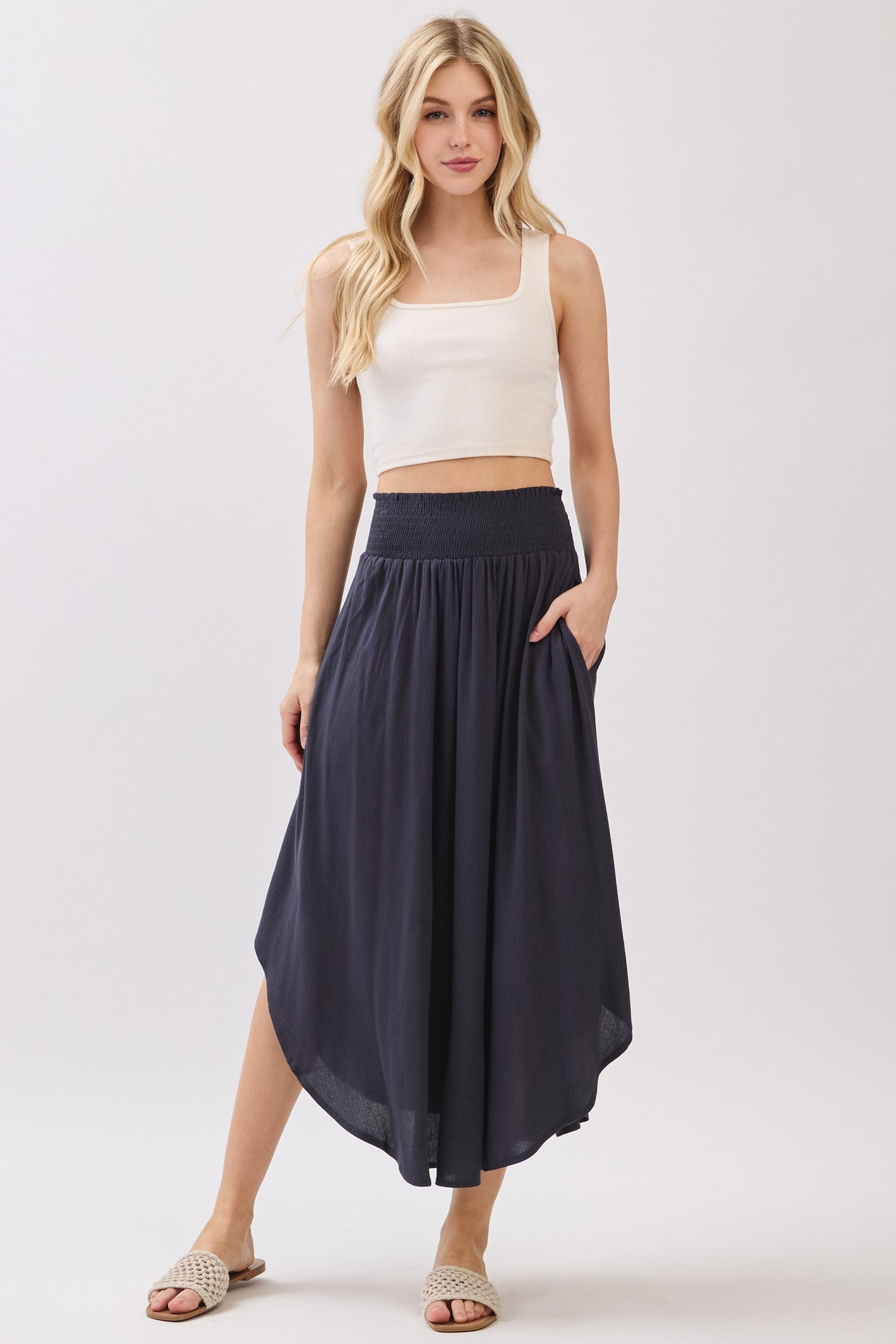 Midnight Smocked Waist Rounded Hem Maternity Skirt