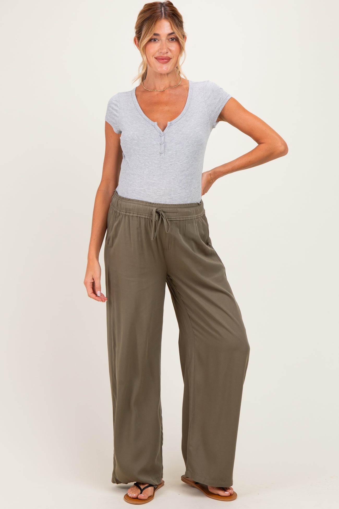 Olive Drawstring Waistband Maternity Pants